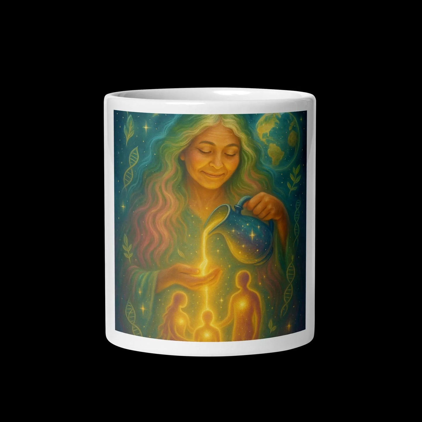 Gaia – She Who Pours Light | White Glossy Ceramic Mug, Spiritual Gift, Cosmic Mother Art