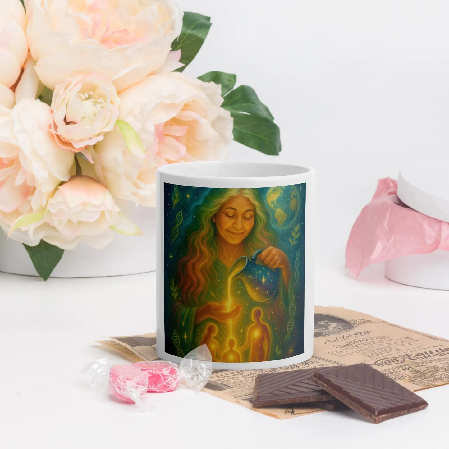 Gaia – She Who Pours Light | White Glossy Ceramic Mug, Spiritual Gift, Cosmic Mother Art