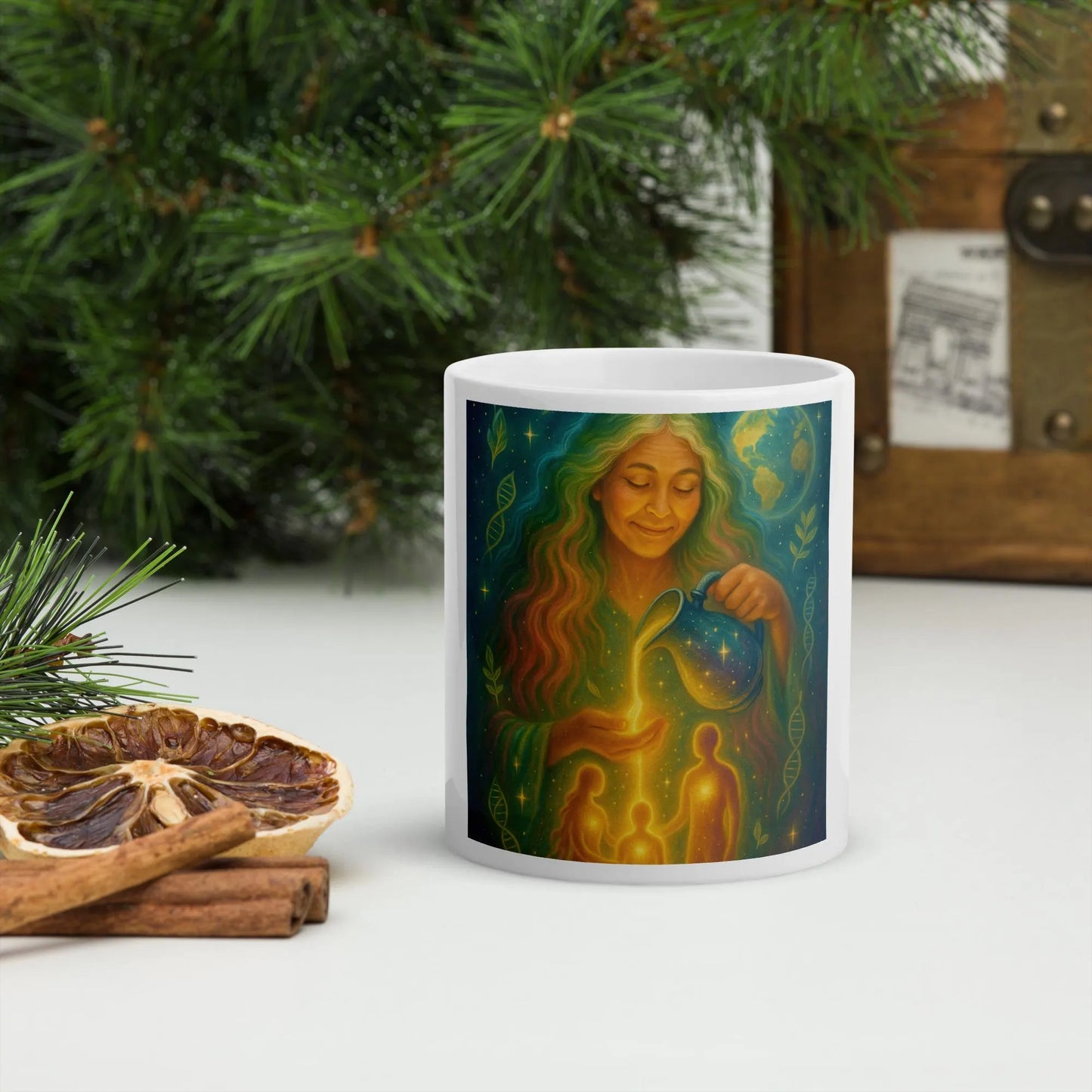 Gaia – She Who Pours Light | White Glossy Ceramic Mug, Spiritual Gift, Cosmic Mother Art